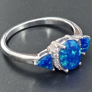 Gold plated Silver Blue Lab Created Opal Cz(1.35ct) Rhodium Plated Ring - Size 6